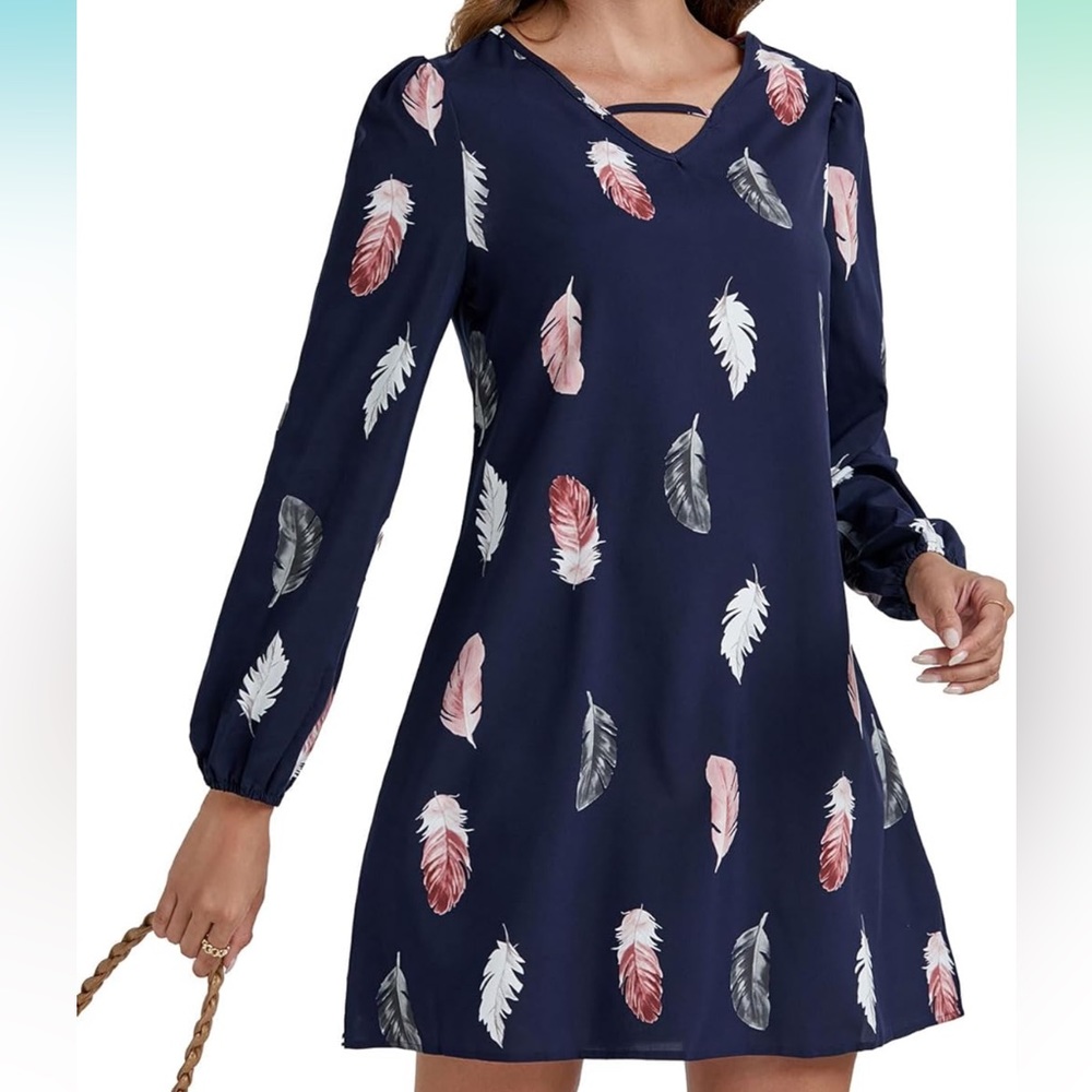 Women's Feather Print V Neck Long Sleeve A Line Above Knee Short Dress.